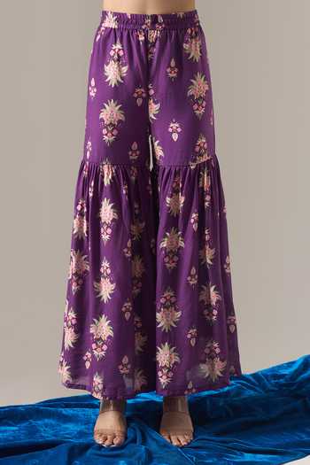 Shop_Samyukta Singhania_Purple Chanderi Silk, Chiffon Lace, Zari, Floral Print Kurta Sharara Set _Online_at_Aza_Fashions