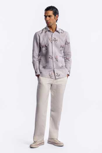 Buy_Balance by Rohit Bal_Grey Linen Stripe Pattern Shirt _Online_at_Aza_Fashions
