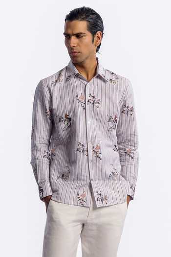 Buy_Balance by Rohit Bal_Grey Linen Stripe Pattern Shirt _at_Aza_Fashions