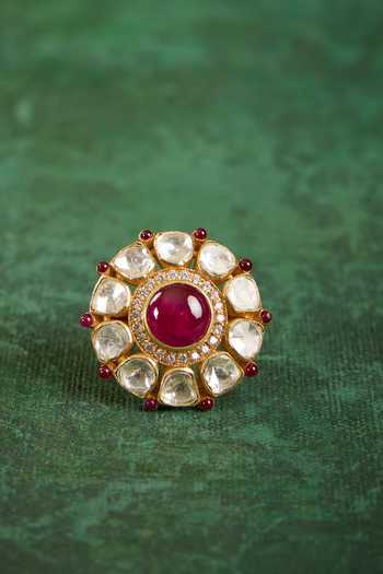 Shop_Kaari_White Stones, Crystals, Devika Polki Ring _at_Aza_Fashions