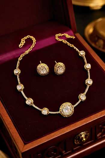 Buy_Prestones_Gold Plated Stones, Crystals Polki Embellished Necklace Set _at_Aza_Fashions