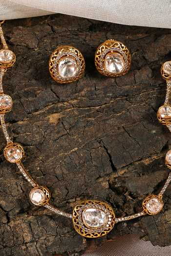 Shop_Prestones_Gold Plated Stones, Crystals Polki Embellished Necklace Set _at_Aza_Fashions