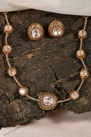Prestones_Gold Plated Stones, Crystals Polki Embellished Necklace Set _Online_at_Aza_Fashions