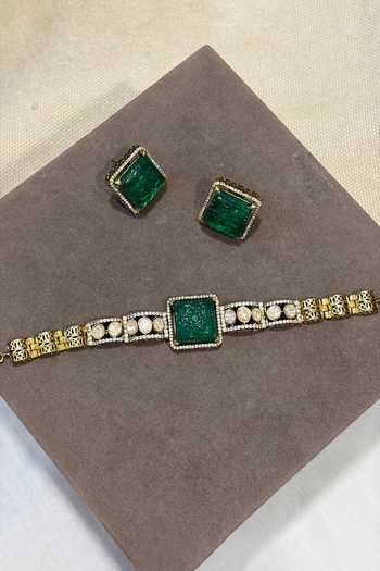 Shop_Prestones_Green Stones, Crystals Polki Necklace And Earrings Set _at_Aza_Fashions