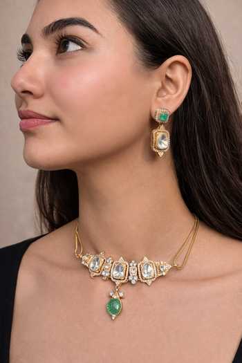 Buy_Prestones_White Stones, Crystals Polki Embellished Necklace Set _at_Aza_Fashions