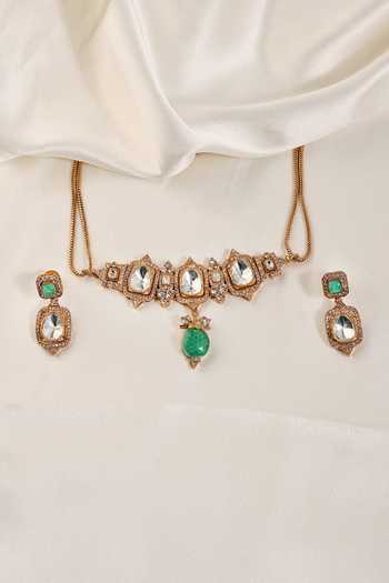Shop_Prestones_White Stones, Crystals Polki Embellished Necklace Set _at_Aza_Fashions