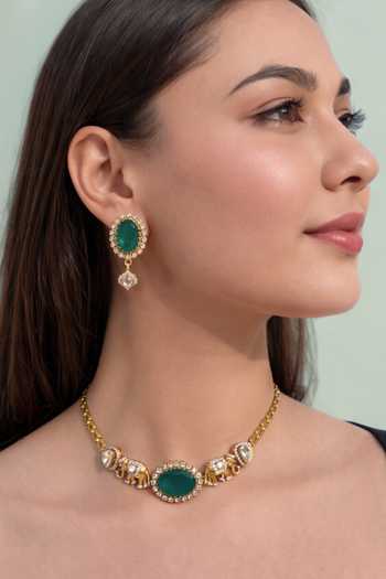 Buy_Prestones_Gold Plated Stones Polki Studded Necklace Set _at_Aza_Fashions
