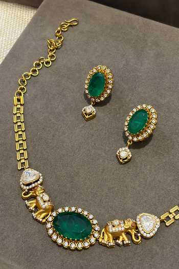 Prestones_Gold Plated Stones Polki Studded Necklace Set _Online_at_Aza_Fashions