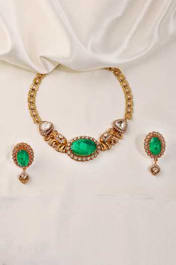 Shop_Prestones_Gold Plated Stones Polki Studded Necklace Set _at_Aza_Fashions