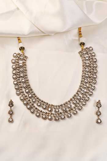 Shop_Prestones_White Stones, Crystals Polki Embellished Layered Necklace Set _at_Aza_Fashions
