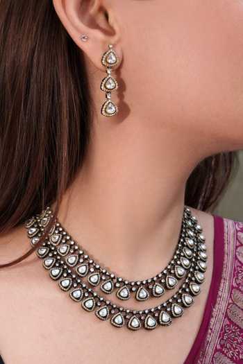 Buy_Prestones_White Stones, Crystals Polki Embellished Layered Necklace Set _at_Aza_Fashions
