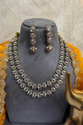 Prestones_Gold Plated Polki, Zircon Necklace And Earrings Set _Online_at_Aza_Fashions