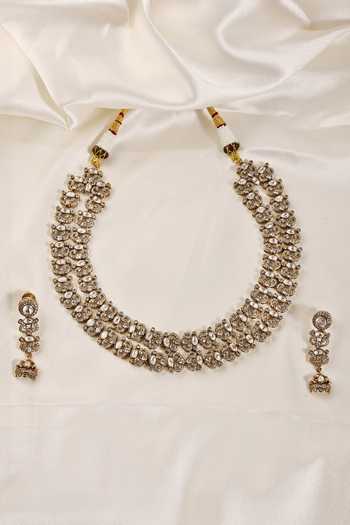 Shop_Prestones_Gold Plated Polki, Zircon Necklace And Earrings Set _at_Aza_Fashions