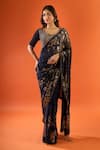 Buy_Nakul Sen_Navy Sequins, Zari, Metallic Thread Scoop Neck Work Saree With Blouse _at_Aza_Fashions