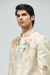 Varun Bahl_Beige Modal, Dupion Embroidery Floral Sherwani Set _Online_at_Aza_Fashions