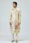 Buy_Varun Bahl_Beige Modal, Dupion Embroidery Floral Sherwani Set _at_Aza_Fashions