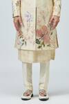 Shop_Varun Bahl_Beige Modal, Dupion Embroidery Floral Sherwani Set _Online_at_Aza_Fashions