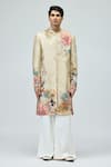 Varun Bahl_Beige Modal, Dupion Embroidery Sherwani Jacket _Online_at_Aza_Fashions