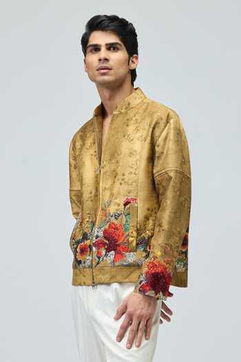 Varun Bahl_Beige Modal, Dupion Embroidery, Sequins, Beads Floral Jacket And Pant Set _at_Aza_Fashions