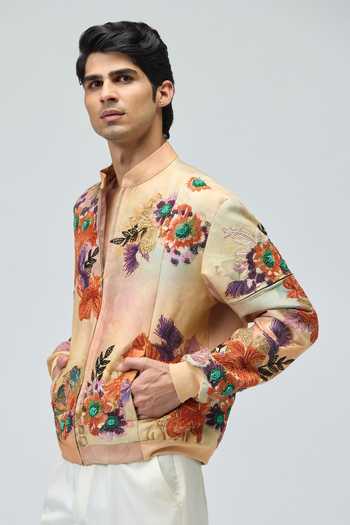 Varun Bahl_Pink Modal, Dupion Embroidery, Sequins, Beads, Stones Jacket And Pant Set _Online_at_Aza_Fashions