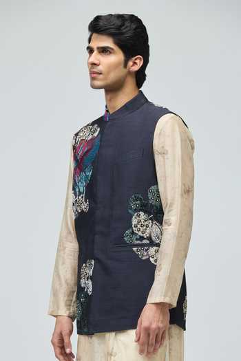 Varun Bahl_Blue Modal, Dupion Embroidery Bundi And Kurta Set _Online_at_Aza_Fashions