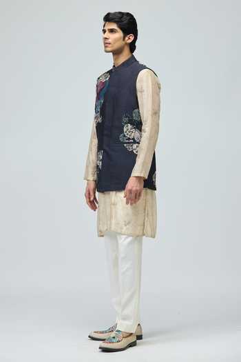 Buy_Varun Bahl_Blue Modal, Dupion Embroidery Bundi And Kurta Set _Online_at_Aza_Fashions