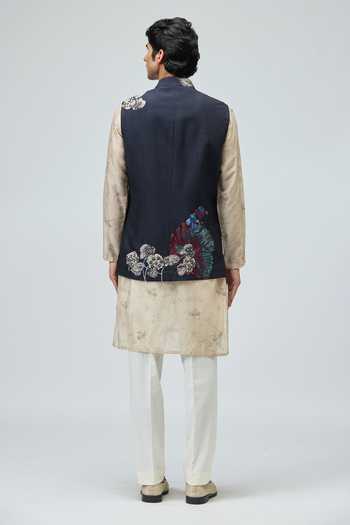 Shop_Varun Bahl_Blue Modal, Dupion Embroidery Bundi And Kurta Set _at_Aza_Fashions