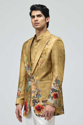 Varun Bahl_Gold Modal, Dupion Embroidery, Zari Floral Tuxedo _Online_at_Aza_Fashions