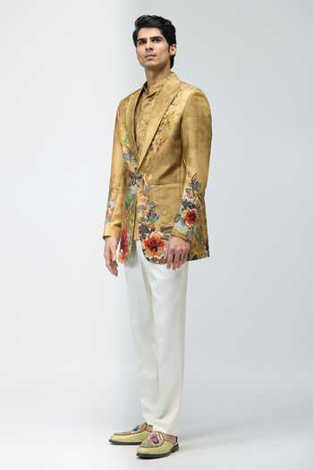Buy_Varun Bahl_Gold Modal, Dupion Embroidery, Zari Floral Tuxedo _Online_at_Aza_Fashions