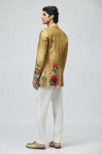 Shop_Varun Bahl_Gold Modal, Dupion Embroidery, Zari Floral Tuxedo _at_Aza_Fashions