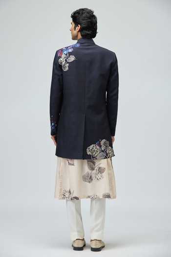 Shop_Varun Bahl_Blue Modal, Dupion Embroidery Floral Sherwani _at_Aza_Fashions