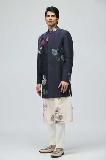 Varun Bahl_Blue Modal, Dupion Embroidery Floral Sherwani _Online_at_Aza_Fashions