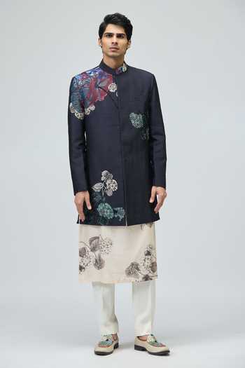 Buy_Varun Bahl_Blue Modal, Dupion Embroidery Floral Sherwani _at_Aza_Fashions