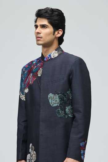 Buy_Varun Bahl_Blue Modal, Dupion Embroidery Floral Sherwani _Online_at_Aza_Fashions