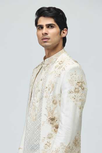 Varun Bahl_Ivory Modal, Dupion Embroidery, Zari Bandhgala And Pant Set _Online_at_Aza_Fashions