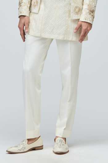 Shop_Varun Bahl_Ivory Modal, Dupion Embroidery, Zari Bandhgala And Pant Set _Online_at_Aza_Fashions