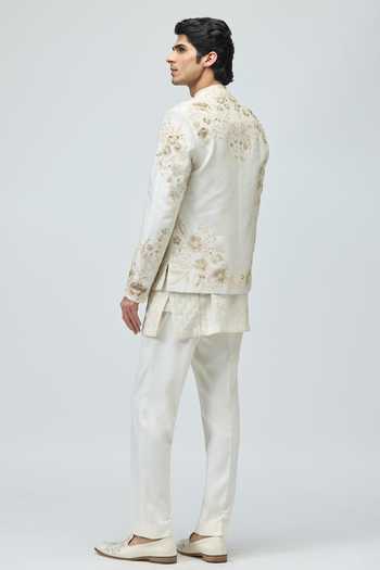 Shop_Varun Bahl_Ivory Modal, Dupion Embroidery, Zari Bandhgala And Pant Set _at_Aza_Fashions