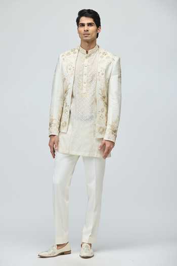 Buy_Varun Bahl_Ivory Modal, Dupion Embroidery, Zari Bandhgala And Pant Set _at_Aza_Fashions
