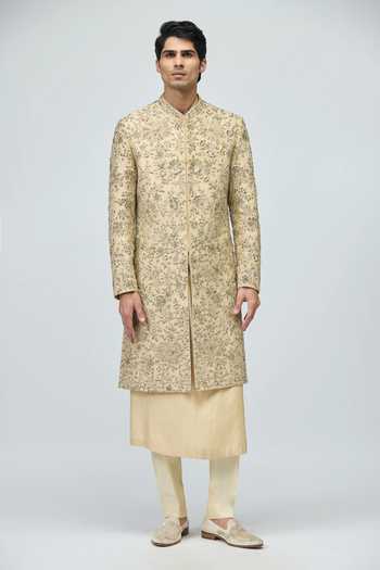 Buy_Varun Bahl_Beige Modal, Dupion Zari Flloral Pattern Sherwani Set _at_Aza_Fashions