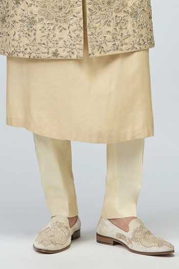 Varun Bahl_Beige Modal, Dupion Zari Flloral Pattern Sherwani Set _Online_at_Aza_Fashions