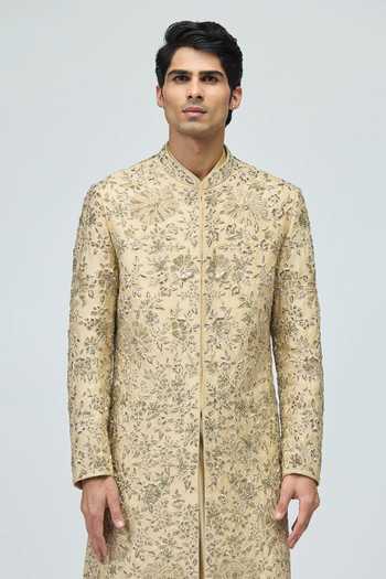 Buy_Varun Bahl_Beige Modal, Dupion Zari Flloral Pattern Sherwani Set _Online_at_Aza_Fashions