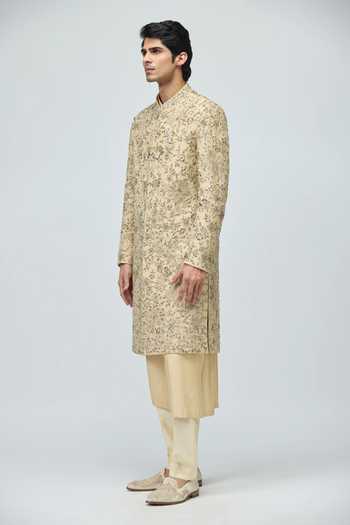 Shop_Varun Bahl_Beige Modal, Dupion Zari Flloral Pattern Sherwani Set _Online_at_Aza_Fashions