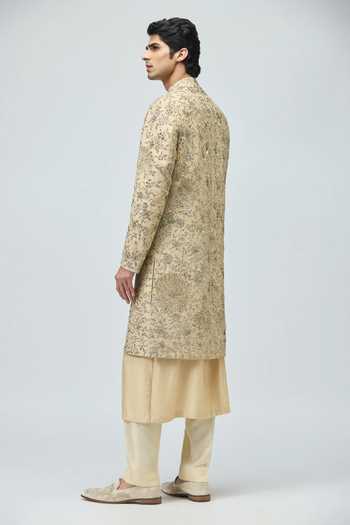 Shop_Varun Bahl_Beige Modal, Dupion Zari Flloral Pattern Sherwani Set _at_Aza_Fashions