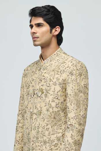 Varun Bahl_Beige Modal, Dupion Zari Flloral Pattern Sherwani Set _at_Aza_Fashions