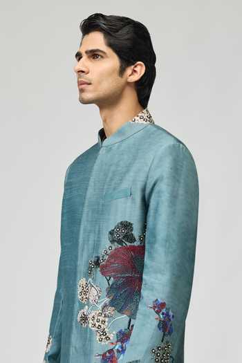 Varun Bahl_Blue Modal, Dupion Beads, Stones Embroidered Sherwani Set _Online_at_Aza_Fashions
