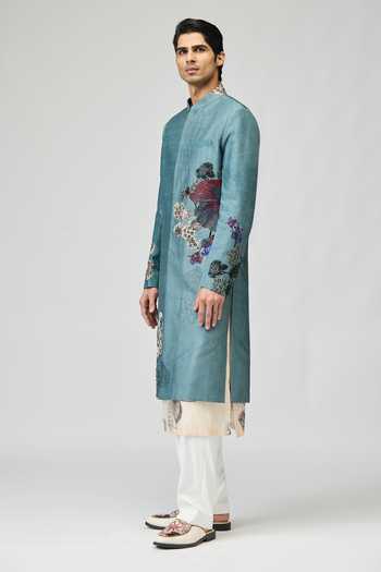 Buy_Varun Bahl_Blue Modal, Dupion Beads, Stones Embroidered Sherwani Set _Online_at_Aza_Fashions