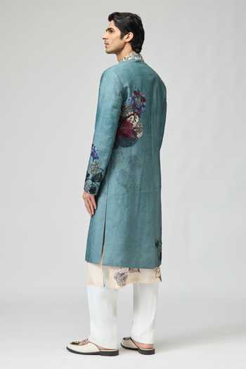 Shop_Varun Bahl_Blue Modal, Dupion Beads, Stones Embroidered Sherwani Set _at_Aza_Fashions