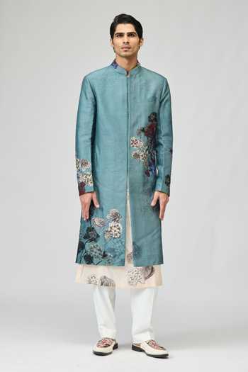 Buy_Varun Bahl_Blue Modal, Dupion Beads, Stones Embroidered Sherwani Set _at_Aza_Fashions