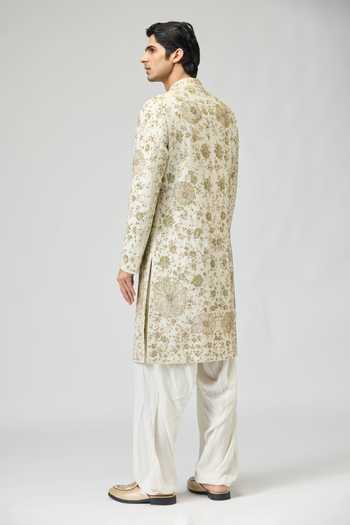 Shop_Varun Bahl_Cream Modal, Dupion Zari Embroidered Sherwani And Pant Set _at_Aza_Fashions