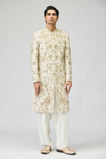 Buy_Varun Bahl_Cream Modal, Dupion Zari Embroidered Sherwani And Pant Set _at_Aza_Fashions